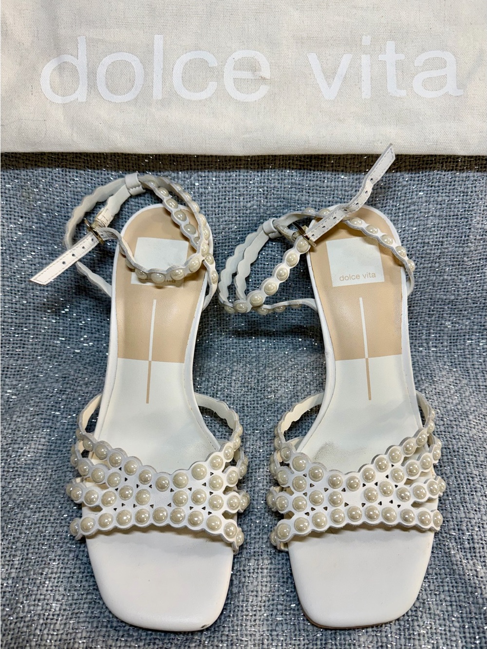 Dolce Vita White Pearl-Strap Block Heel Sandals